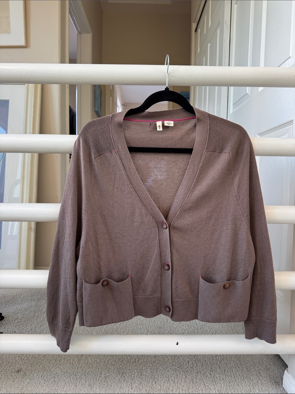 Moth Mauve-Taupe Button-Front V-Neck Cardigan with Pink Trim